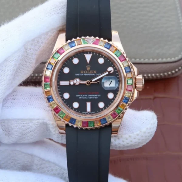 YACHT MASTER 1 GOLDEN DIAMOND BEZEL BLACK DIAL RUBBER STRAP 40MM 116695SATS - Image 3