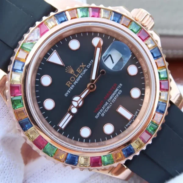 YACHT MASTER 1 GOLDEN DIAMOND BEZEL BLACK DIAL RUBBER STRAP 40MM 116695SATS - Image 4