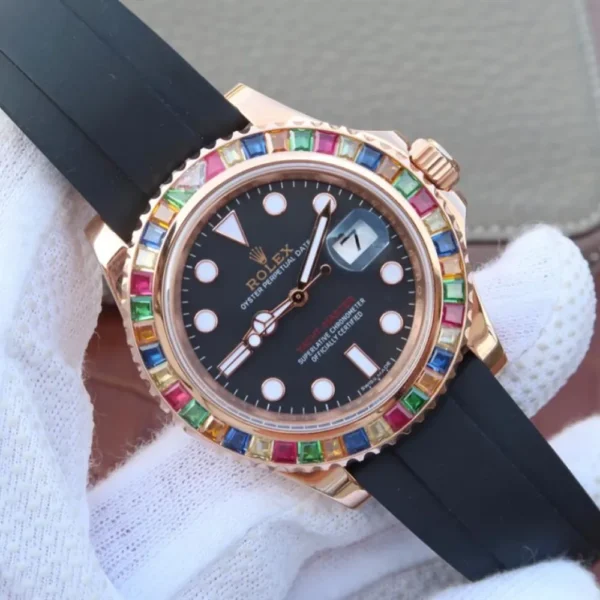 YACHT MASTER 1 GOLDEN DIAMOND BEZEL BLACK DIAL RUBBER STRAP 40MM 116695SATS - Image 5