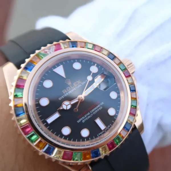 YACHT MASTER 1 GOLDEN DIAMOND BEZEL BLACK DIAL RUBBER STRAP 40MM 116695SATS - Image 8